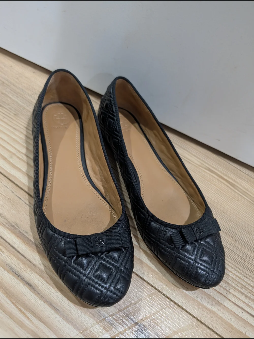 Tory Burch Reva Ballet Flats Black Quilted Leather Bow Shoes Women's Size 9